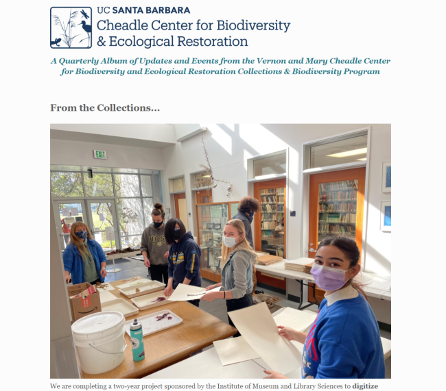 Feb Newsletter with picture of students working in the atrium on seaweed specimens.